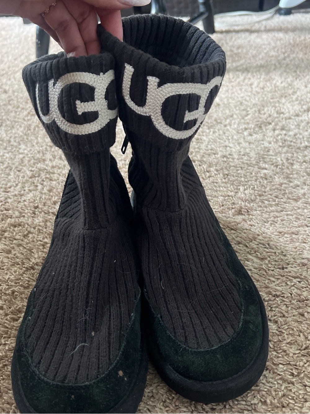 UGG Black Knit Sock Boots with White Logo